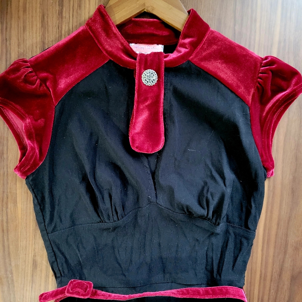 Pinup Couture Black with Velvet Burgundy Trim Wiggle Dress